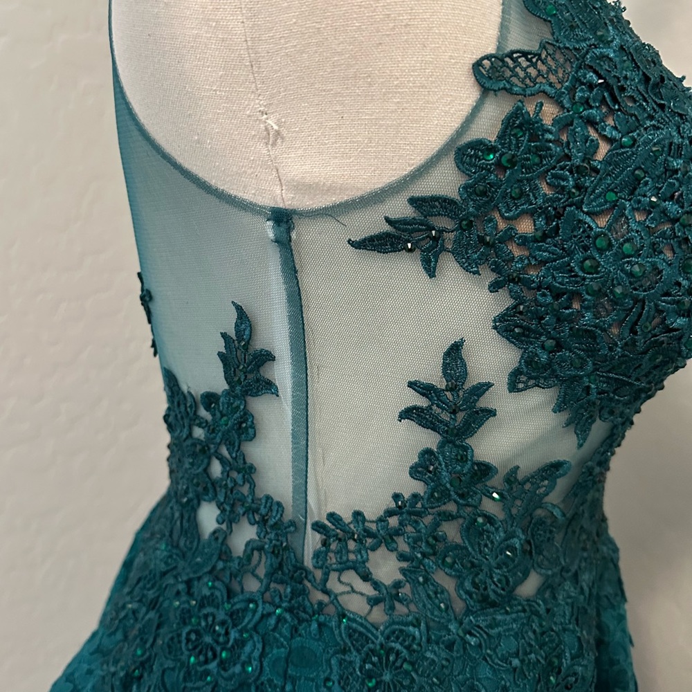 NEW JOVANI SZ 8 HUNTER GREEN NUDE ILLUSION FIT FLARE BEADED LACE FORMAL DRESS - Picture 10 of 14